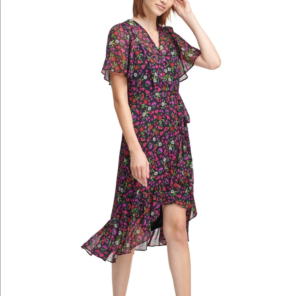 Calvin Klein Flutter-Sleeve Faux-Wrap Dress